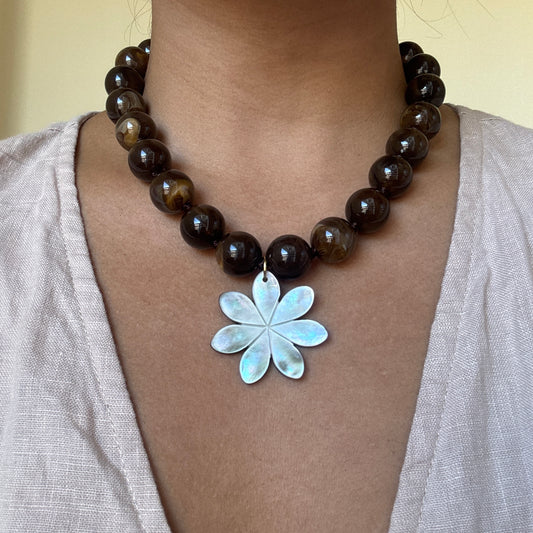 Chunky Flower Necklace Mahogany Brown